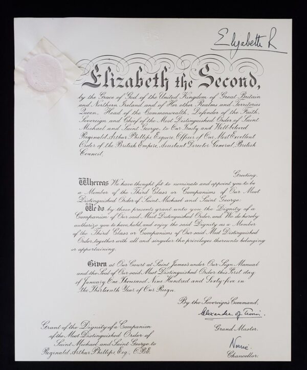 Royal Document Elizabeth II Hand Signed OBE Certificate Royalty Seal Cipher UK