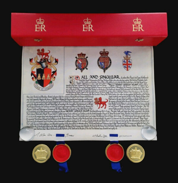 Queen Elizabeth II Royal Despatch Box Grant of Arms Royalty Document HUNT Family