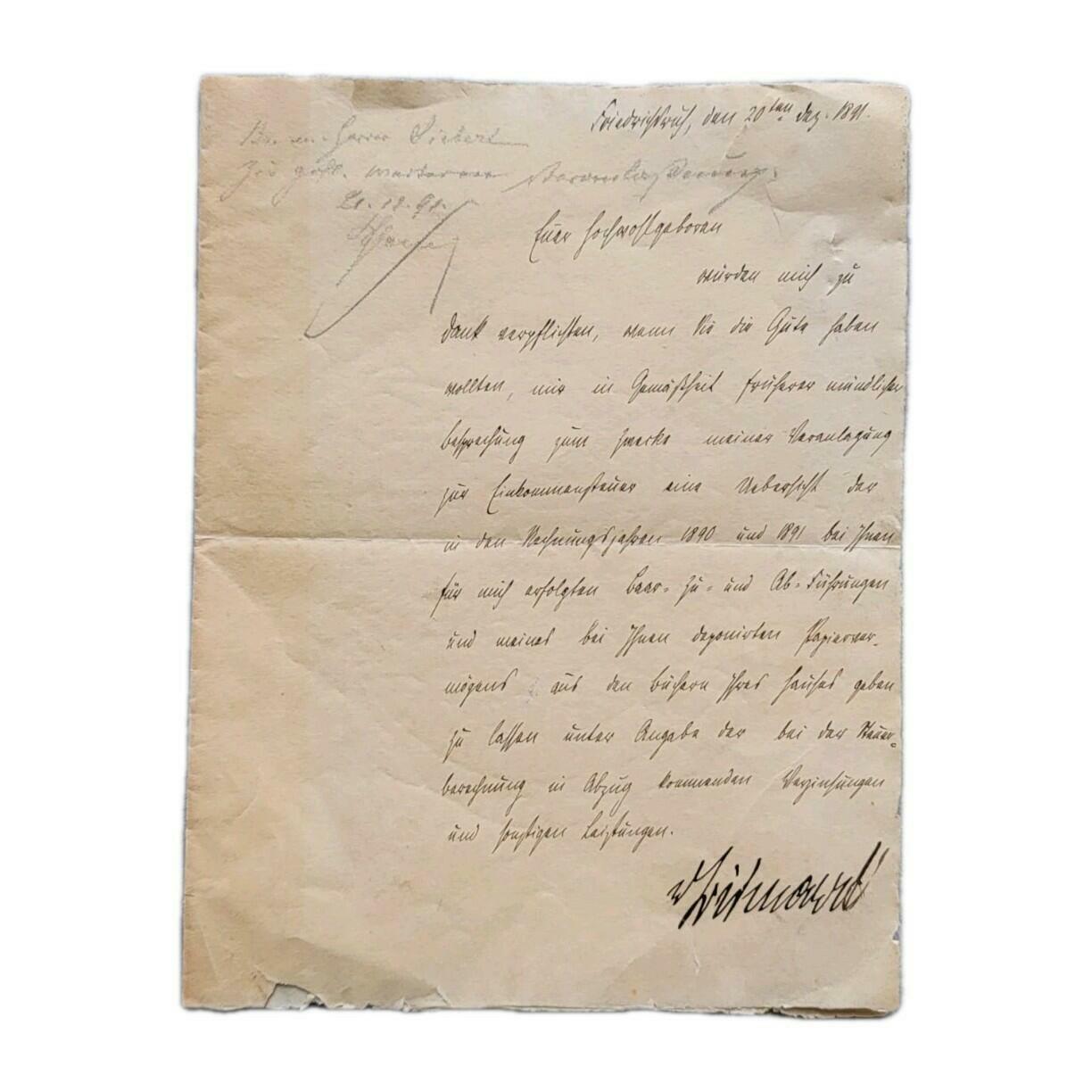 Otto Von Bismarck Signed Handwritten Historical Manuscript Letter Personal Taxes